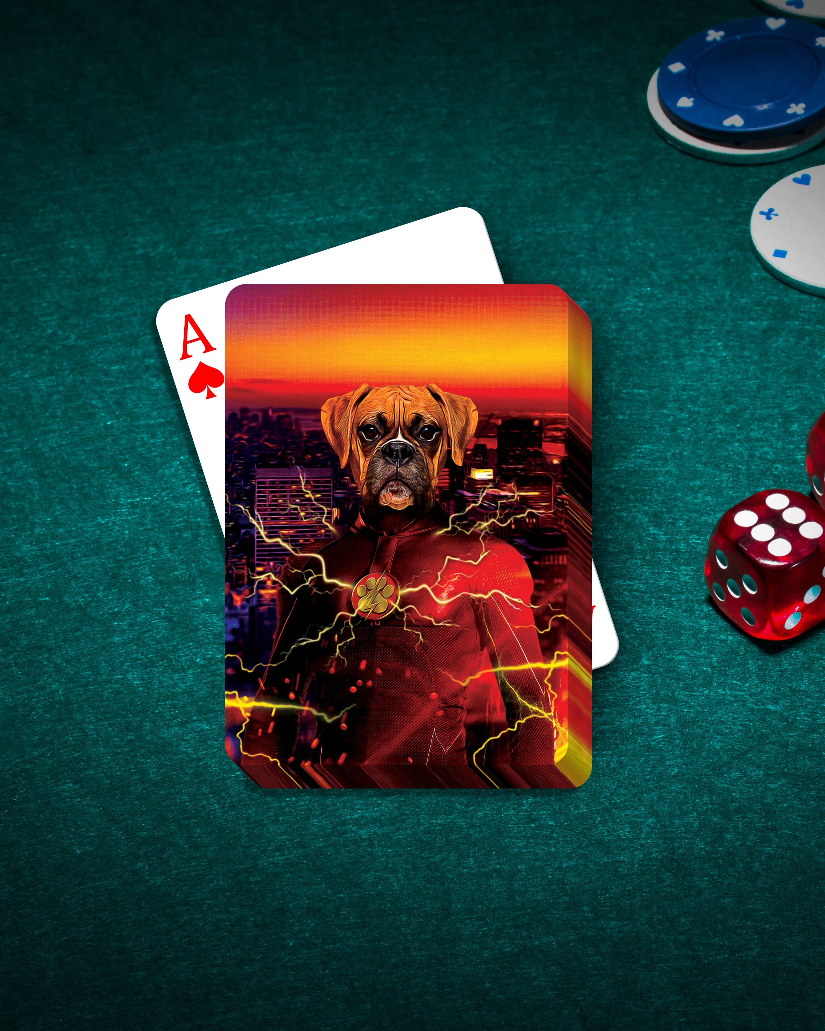 Custom personalized playing card featuring a Boxer dog in a superhero "Flash" costume against a city skyline.