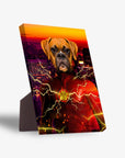 Personalized 'Flash Doggo' standing canvas featuring a boxer dog in a red superhero suit with lightning.