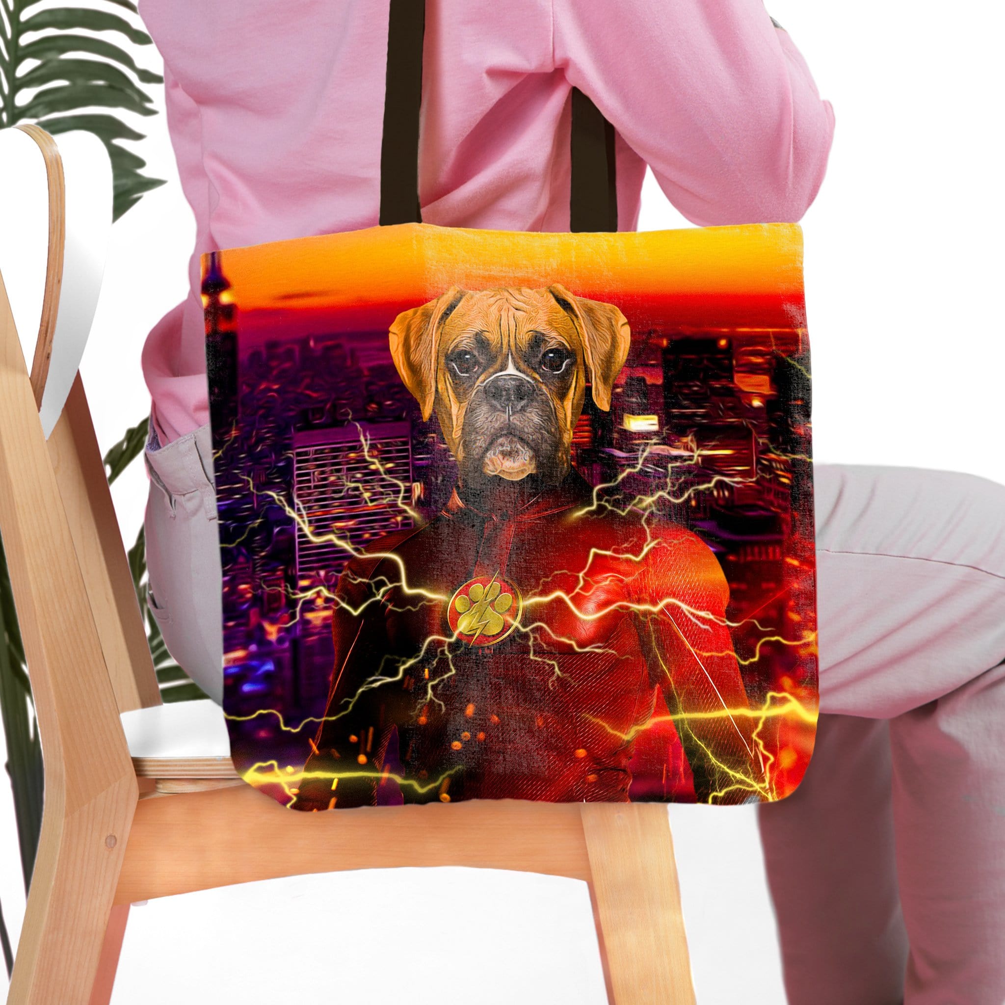 Personalized tote bag with a custom Flash Doggo boxer pet portrait against a city skyline.