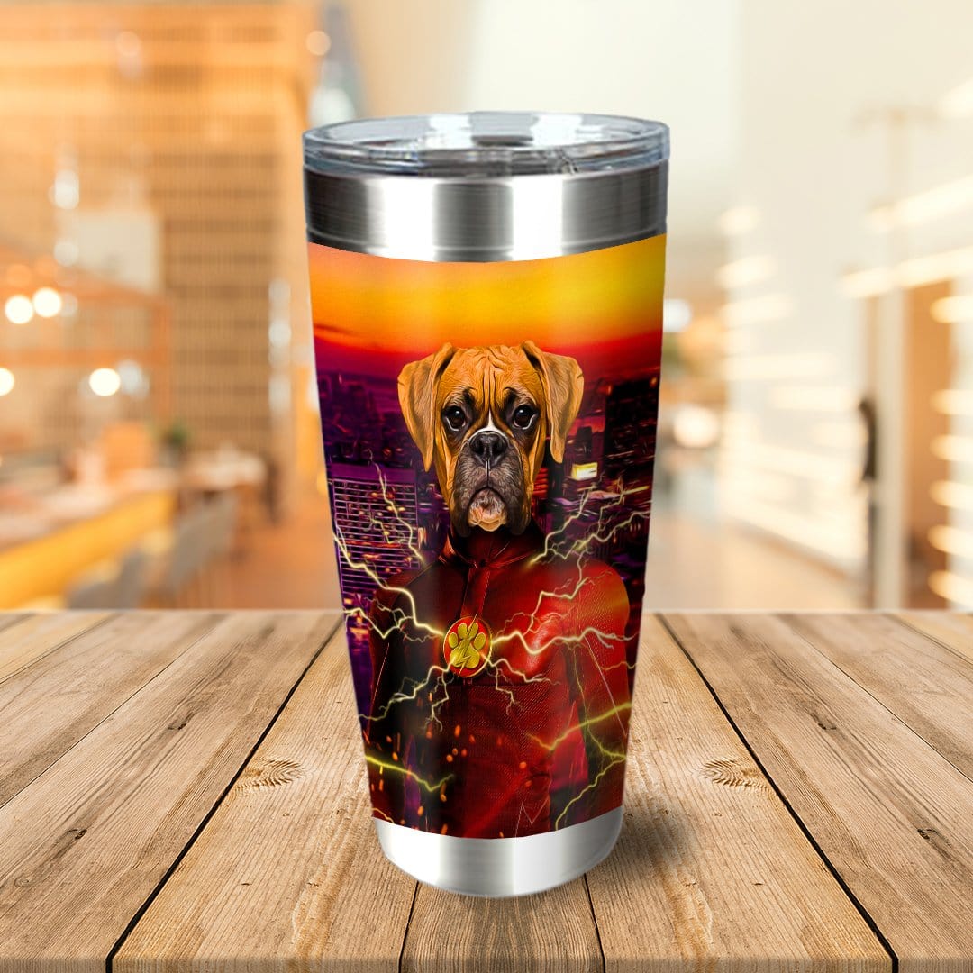 Personalized stainless steel tumbler with a boxer dog in a red superhero suit with lightning, city skyline background.