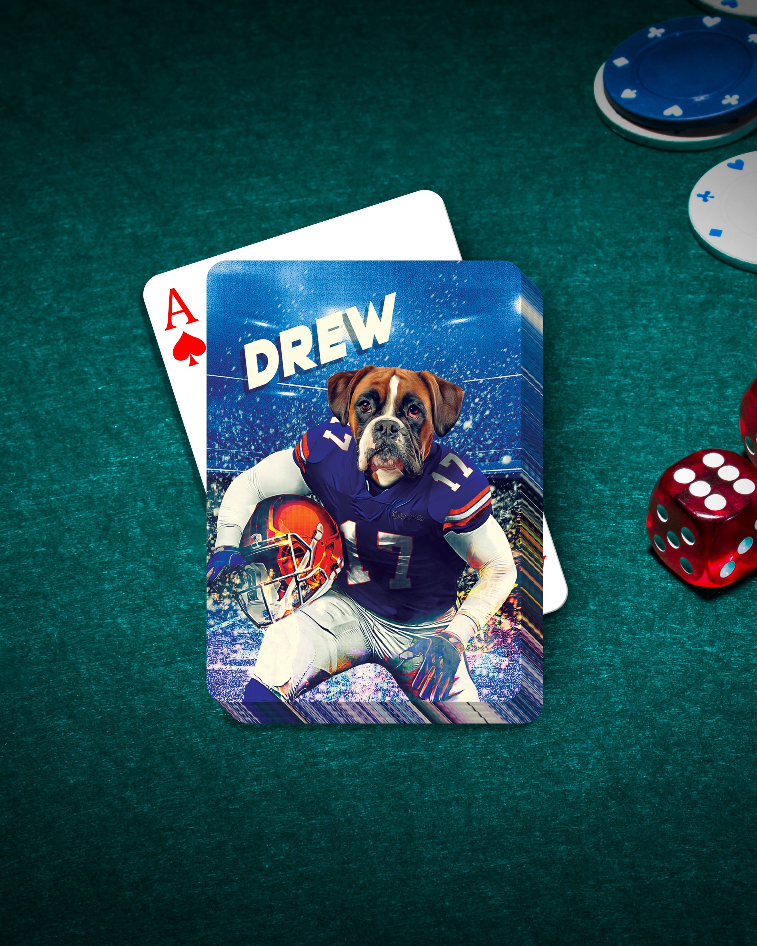 Personalized playing card featuring a boxer dog in a Florida Gators football uniform.