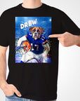 Black Gildan tee with a personalized boxer dog in a blue football uniform, holding a helmet, against a stadium backdrop.