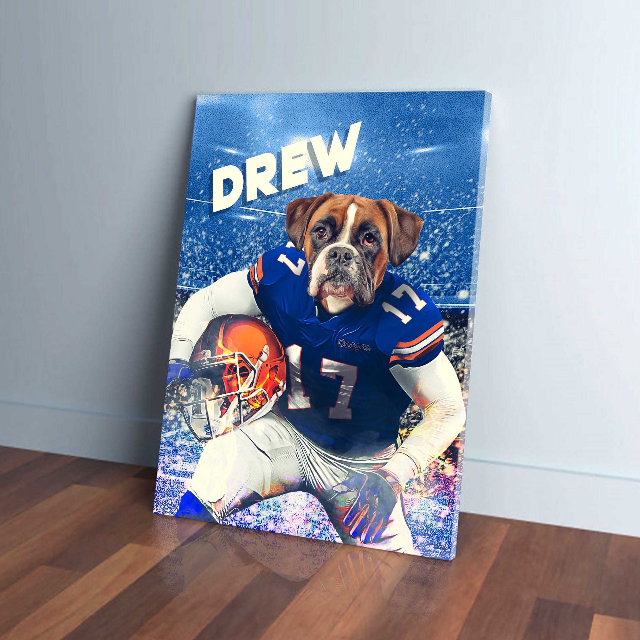 Personalized canvas of a boxer dog in a blue Florida Gators football uniform with "DREW" above.