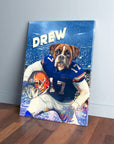 Personalized canvas of a boxer dog in a blue Florida Gators football uniform with "DREW" above.