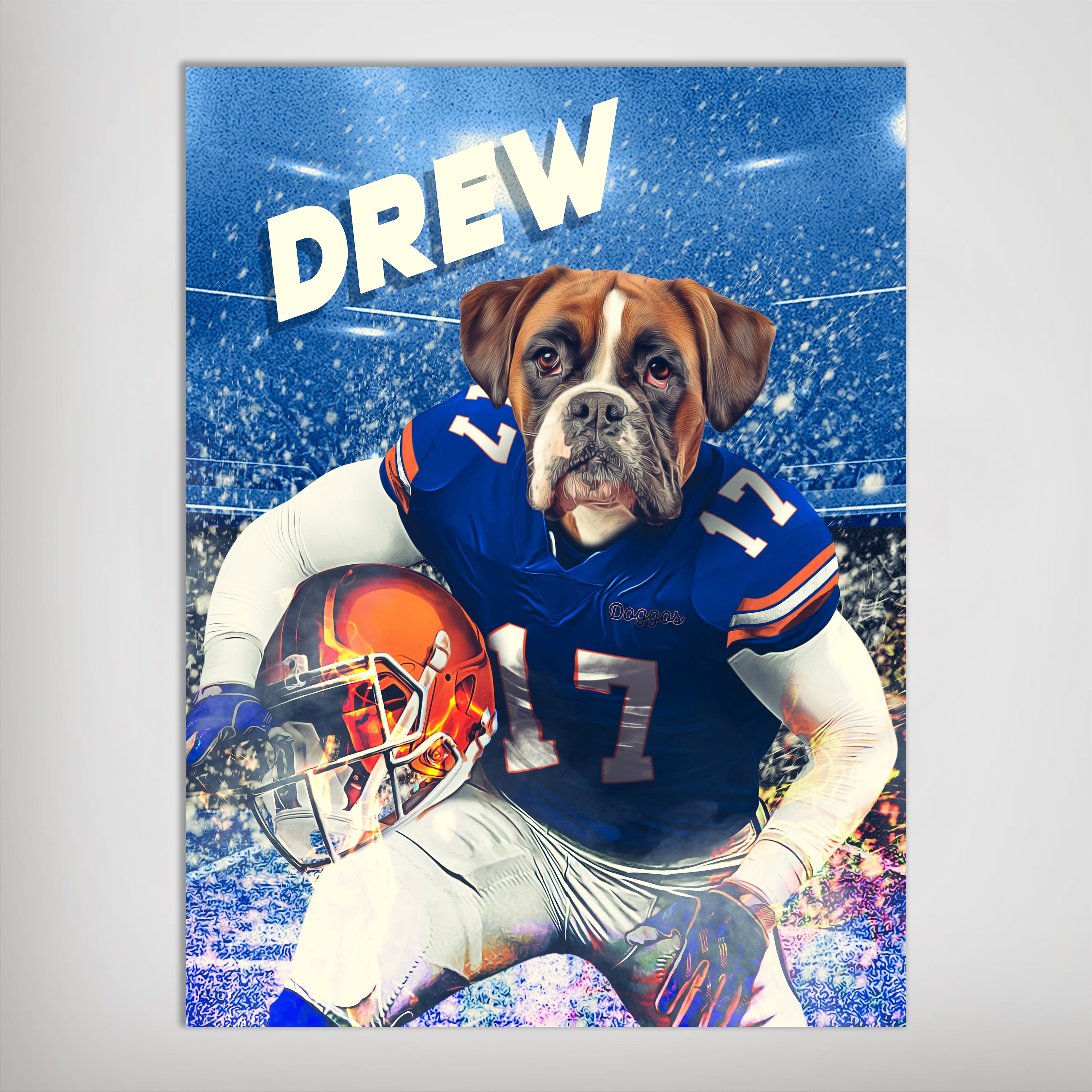 Personalized Florida Gators Doggos poster featuring a boxer dog in a blue football uniform with a helmet.
