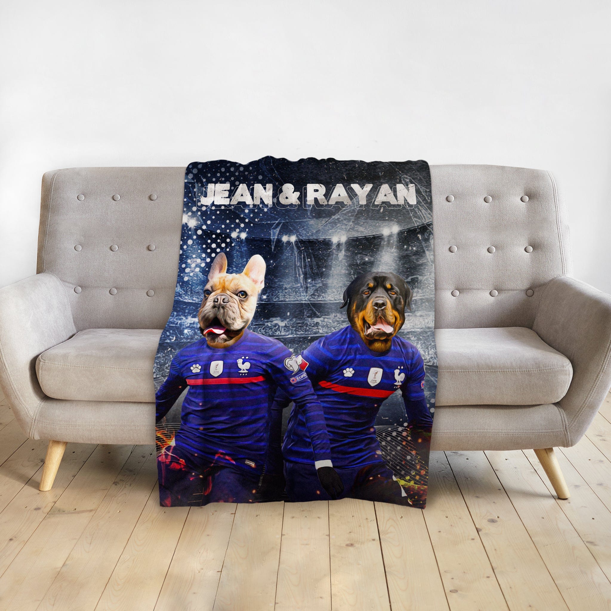 Personalized custom pet blanket with two dogs in French soccer uniforms, "Jean &amp; Rayan" text.