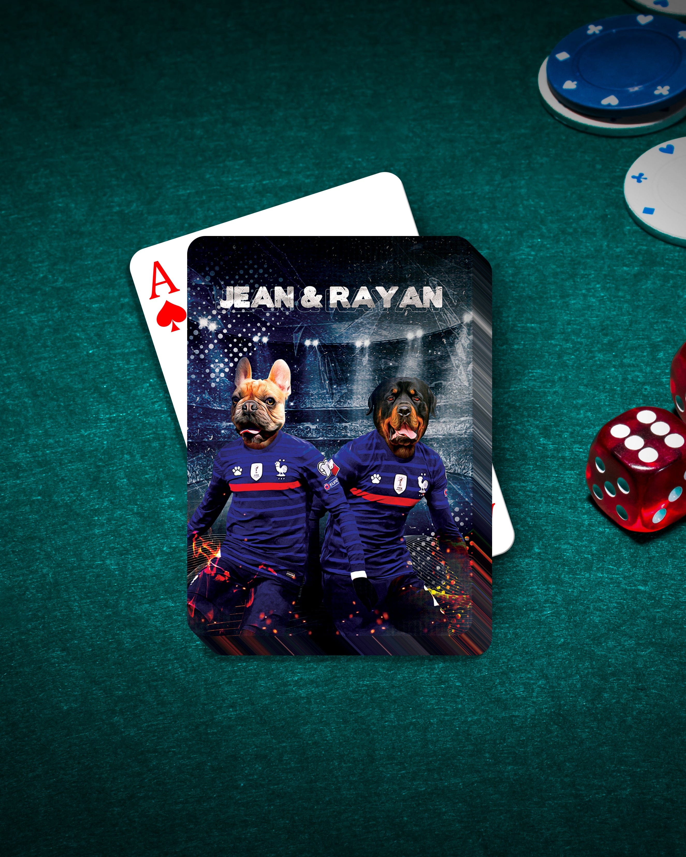 Personalized playing cards featuring two pets, a French Bulldog and a Rottweiler, in custom soccer jerseys.