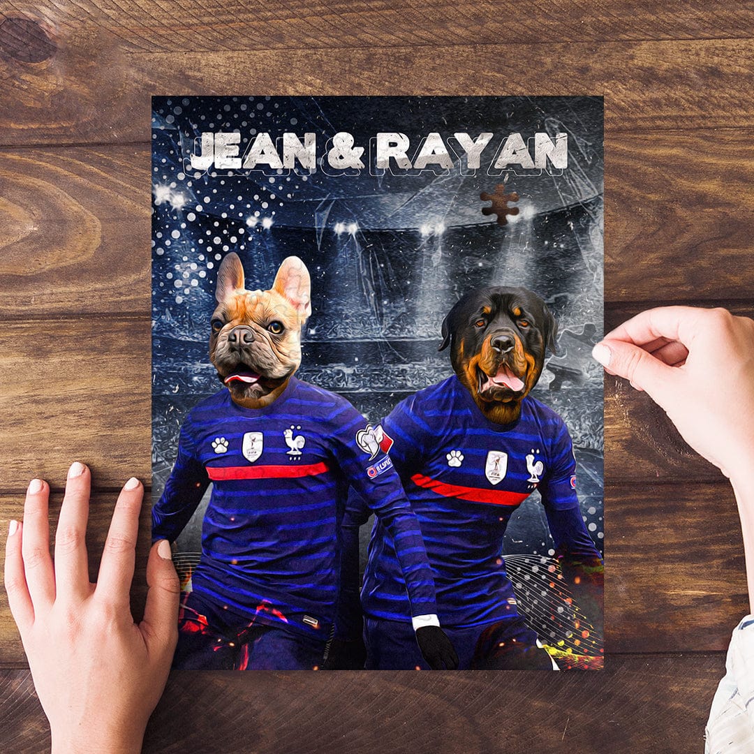 Personalized 2-pet puzzle featuring a French Bulldog and Rottweiler in France soccer jerseys.