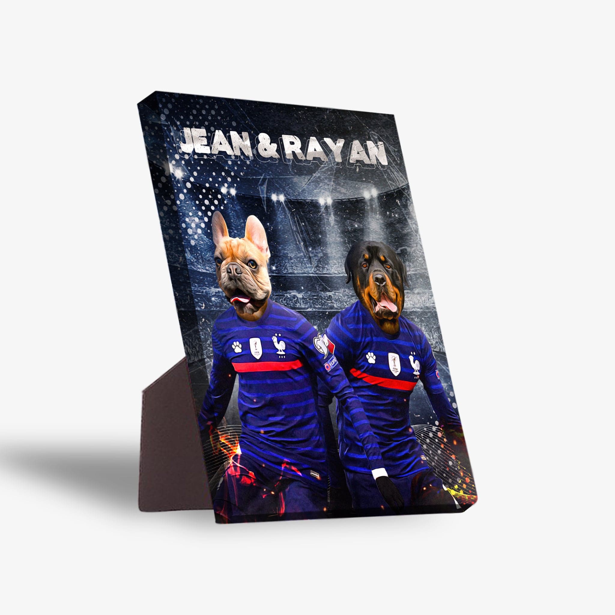 Personalized 2-pet standing canvas featuring a French Bulldog and Rottweiler in blue France soccer jerseys.