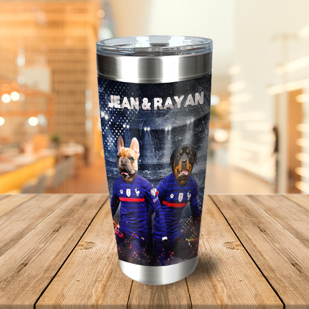 Personalized stainless steel tumbler with two dogs in France soccer jerseys.