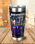 Personalized stainless steel tumbler with two dogs in France soccer jerseys.