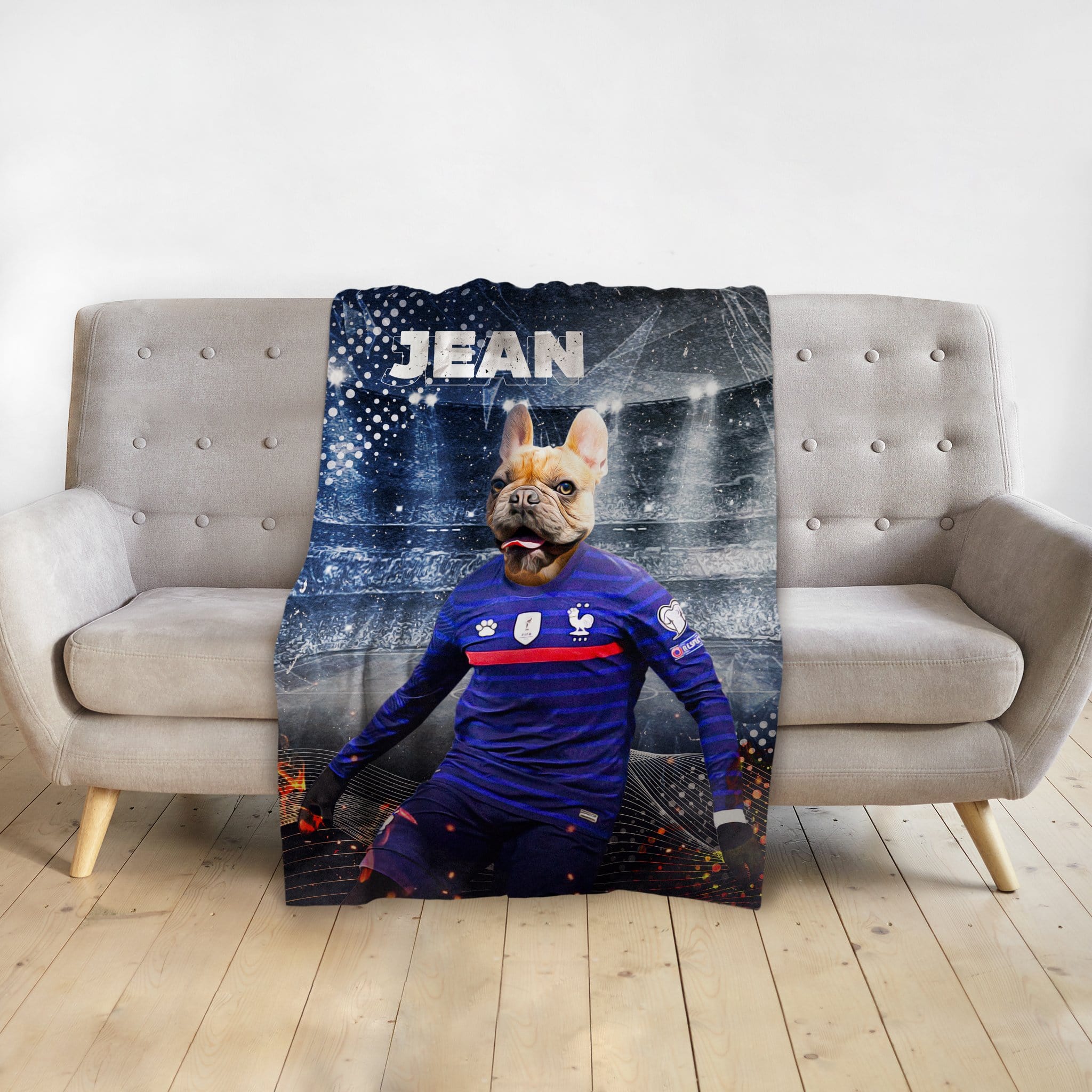 Personalized pet blanket with a French Bulldog in a blue soccer uniform, named "JEAN".