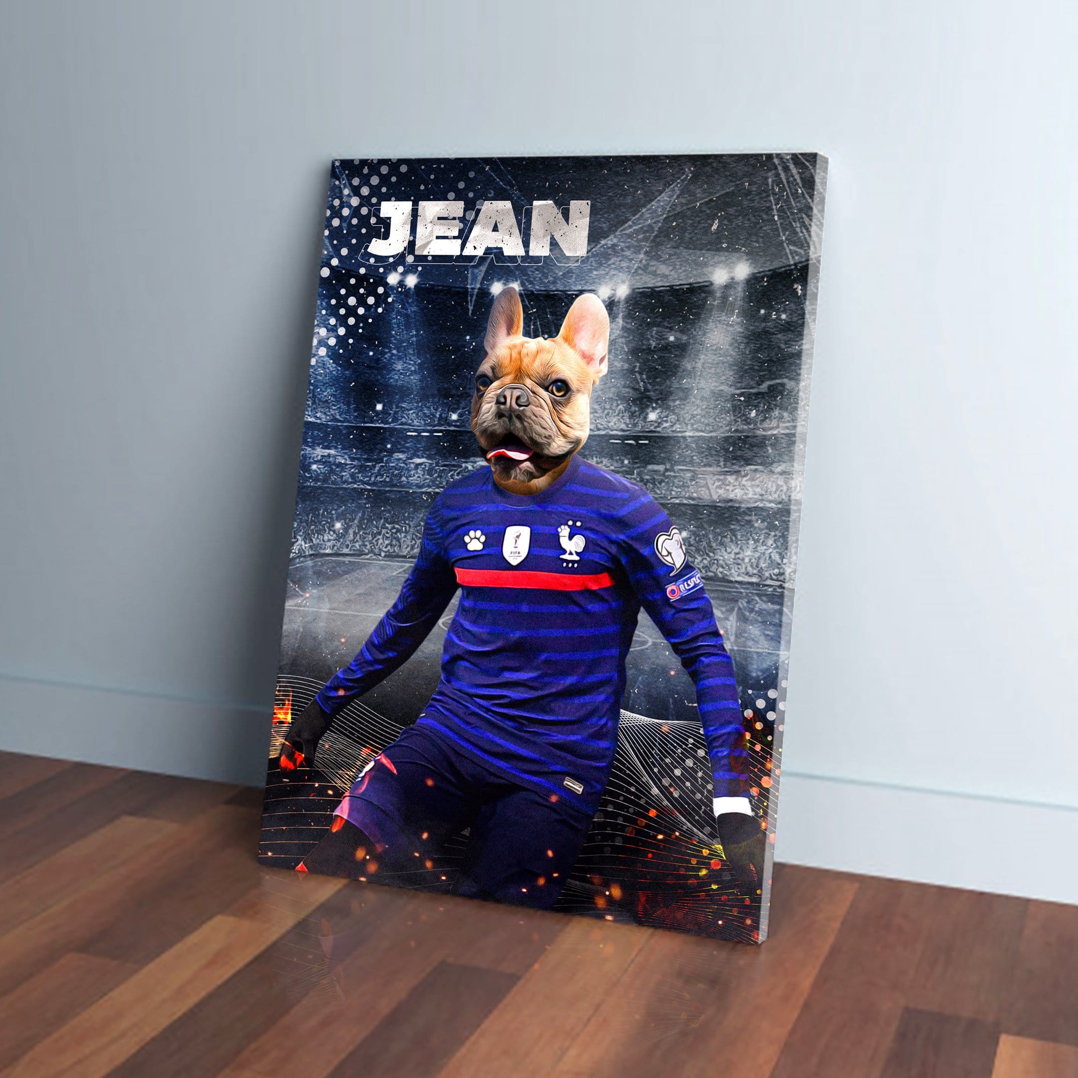 Personalized French Bulldog pet canvas in a blue France soccer uniform with "JEAN" above.