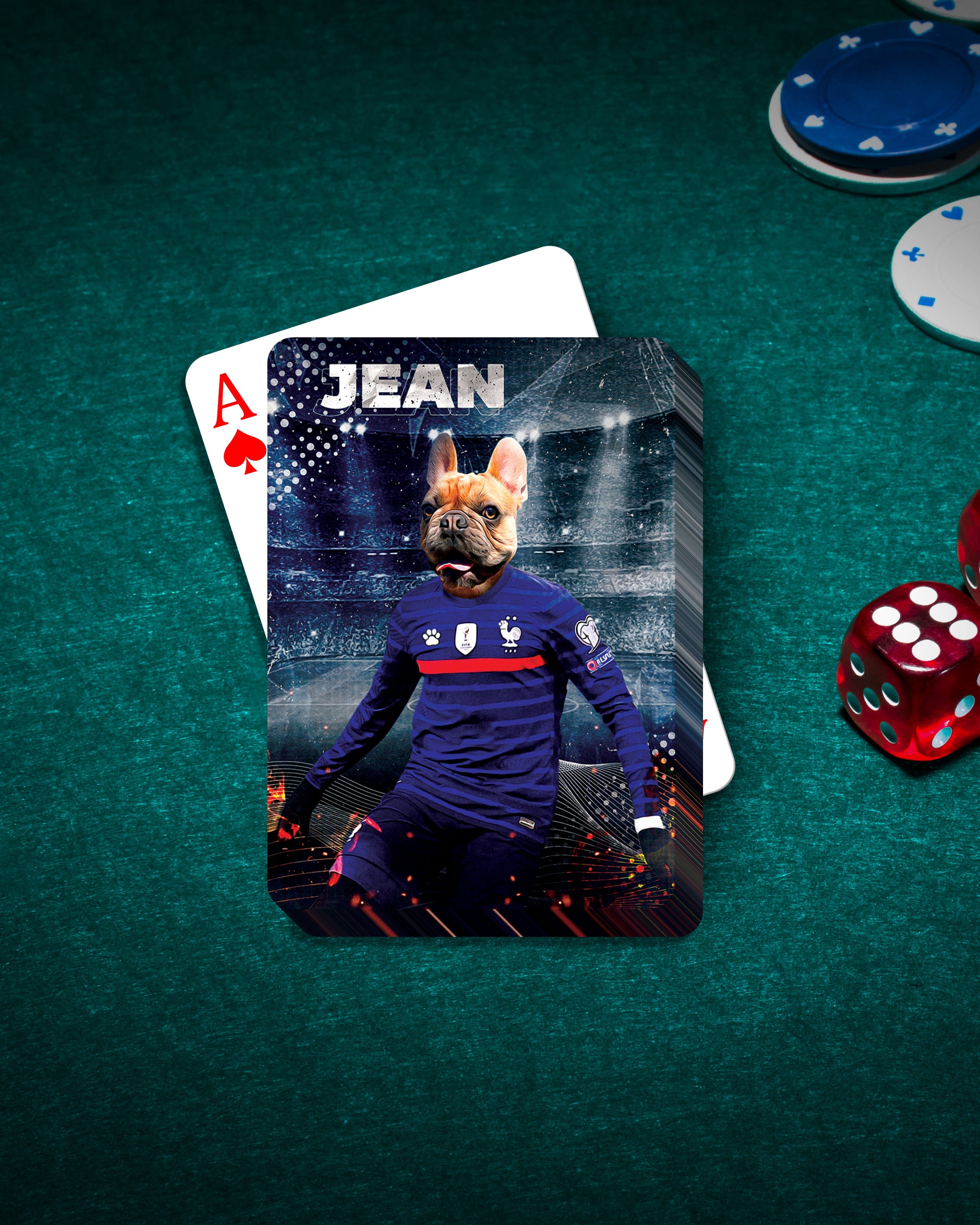 Personalized playing card featuring a French Bulldog in a blue soccer uniform, named JEAN.