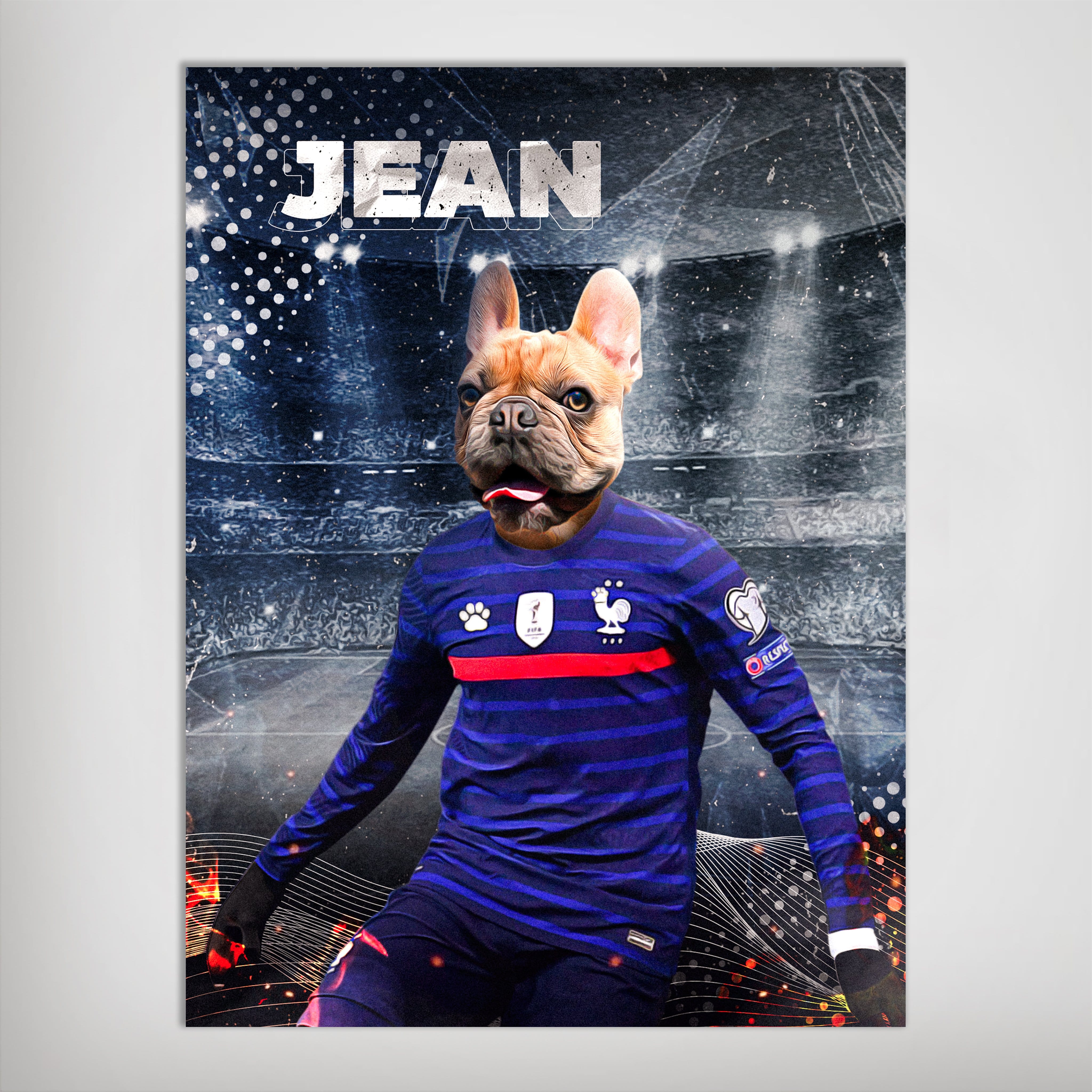 Personalized pet poster featuring a French Bulldog in a blue France soccer uniform on a stadium background.