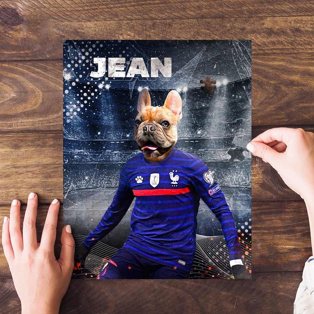 Personalized French Bulldog pet puzzle in a blue soccer uniform with "JEAN" at the top.