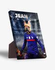 Personalized French Bulldog pet portrait on a standing canvas, wearing a blue France soccer jersey with "JEAN" above.