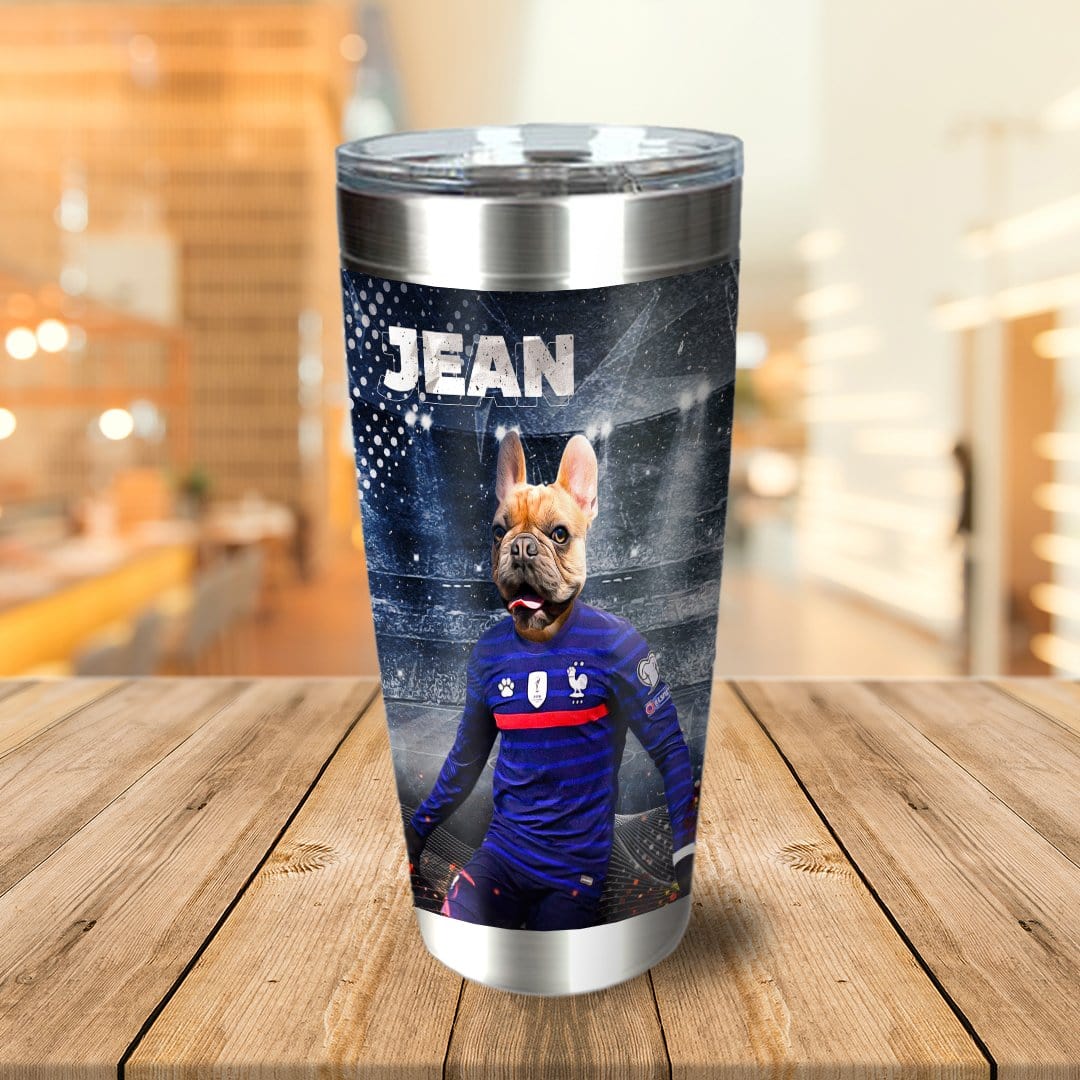 Personalized stainless steel tumbler with a French Bulldog in a blue soccer uniform, named "JEAN".
