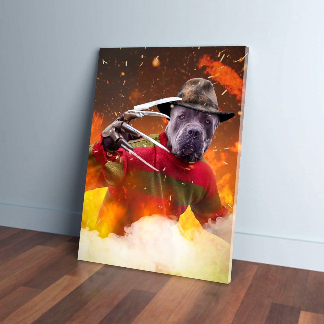 Personalized pet canvas featuring a dog dressed as Freddy Krueger, wearing a hat and clawed glove, surrounded by fire.