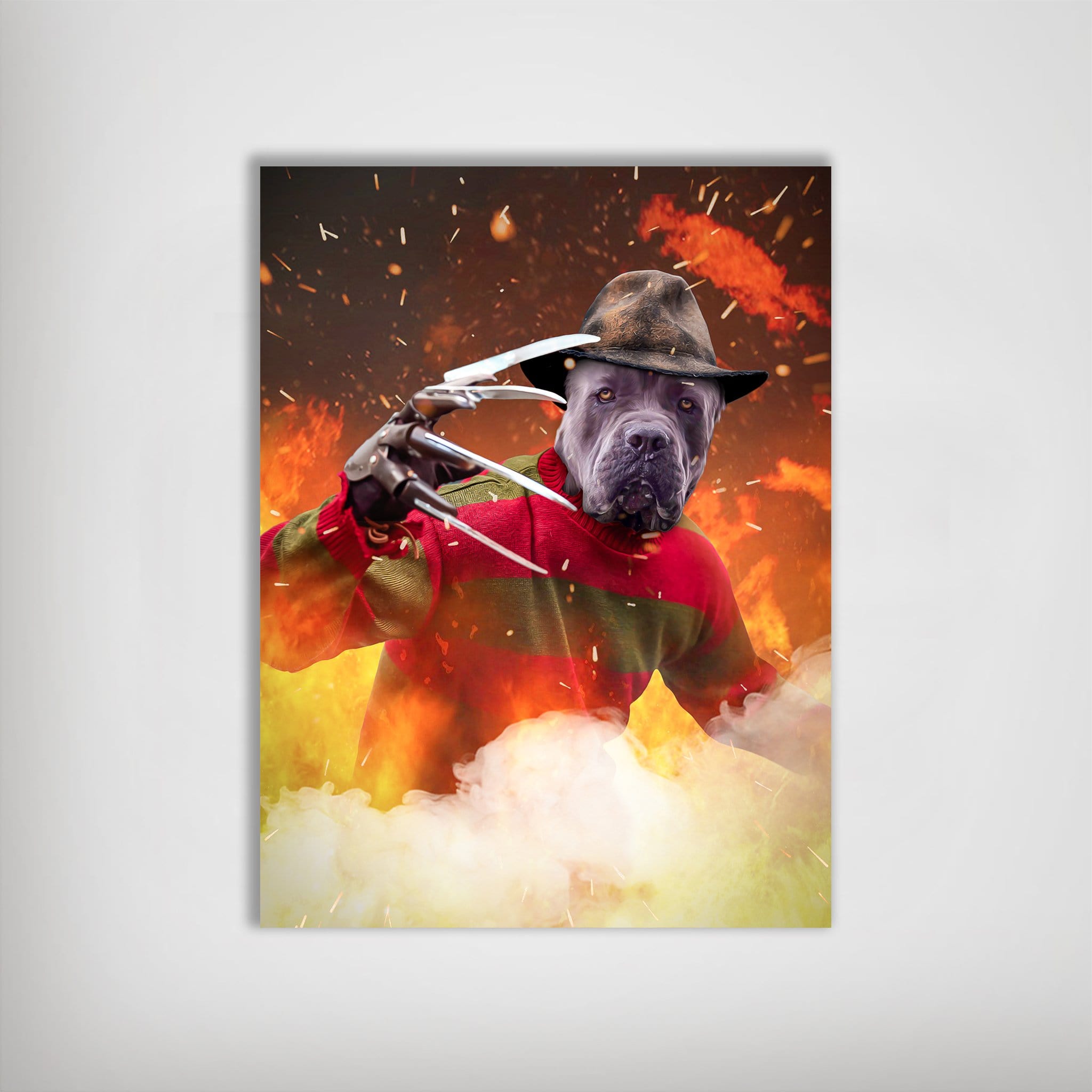 Personalized "Freddy Woofer" pet poster featuring a dog's head on Freddy Krueger's body in a fiery scene.