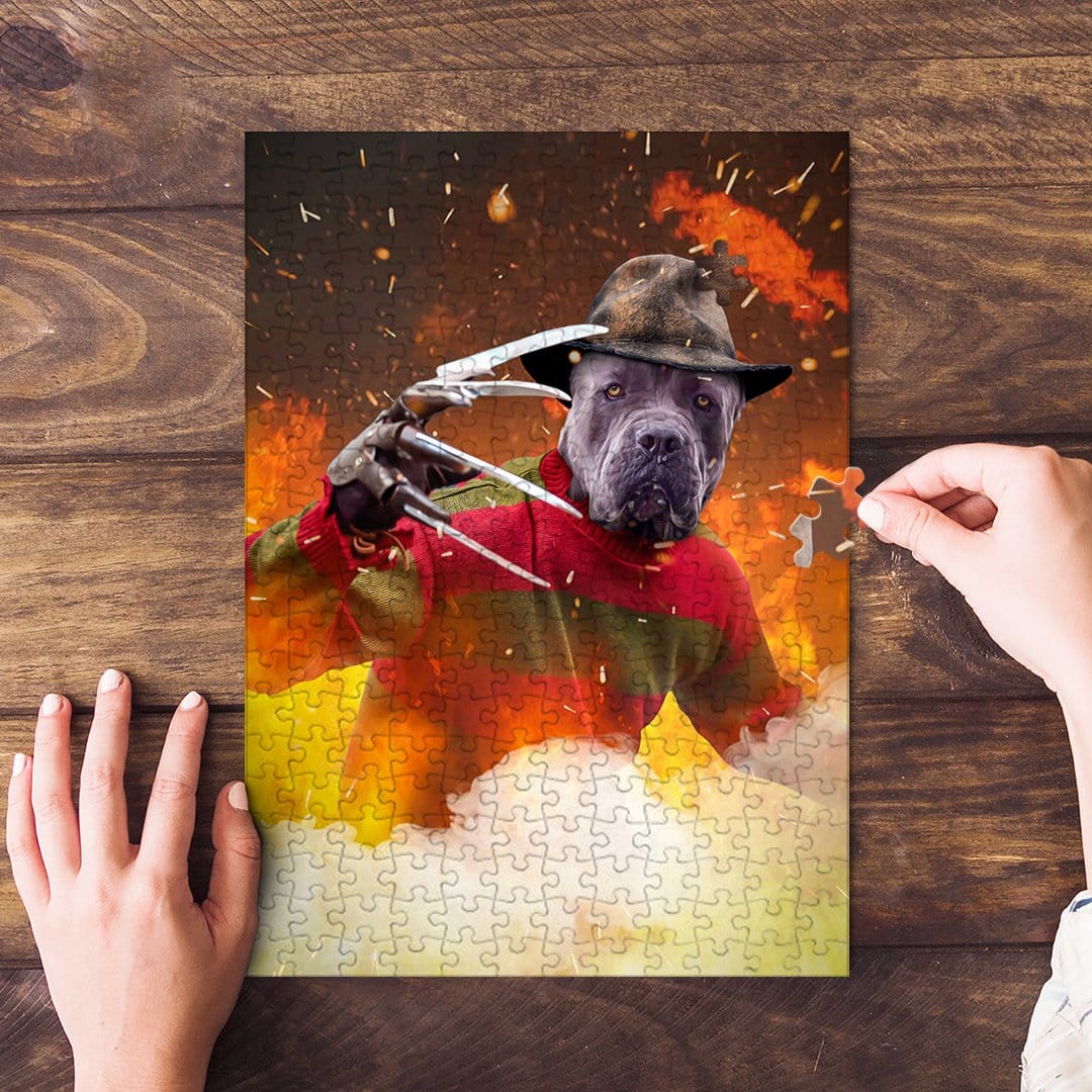 Personalized 'Freddy Woofer' pet puzzle featuring a dog in a horror movie costume.