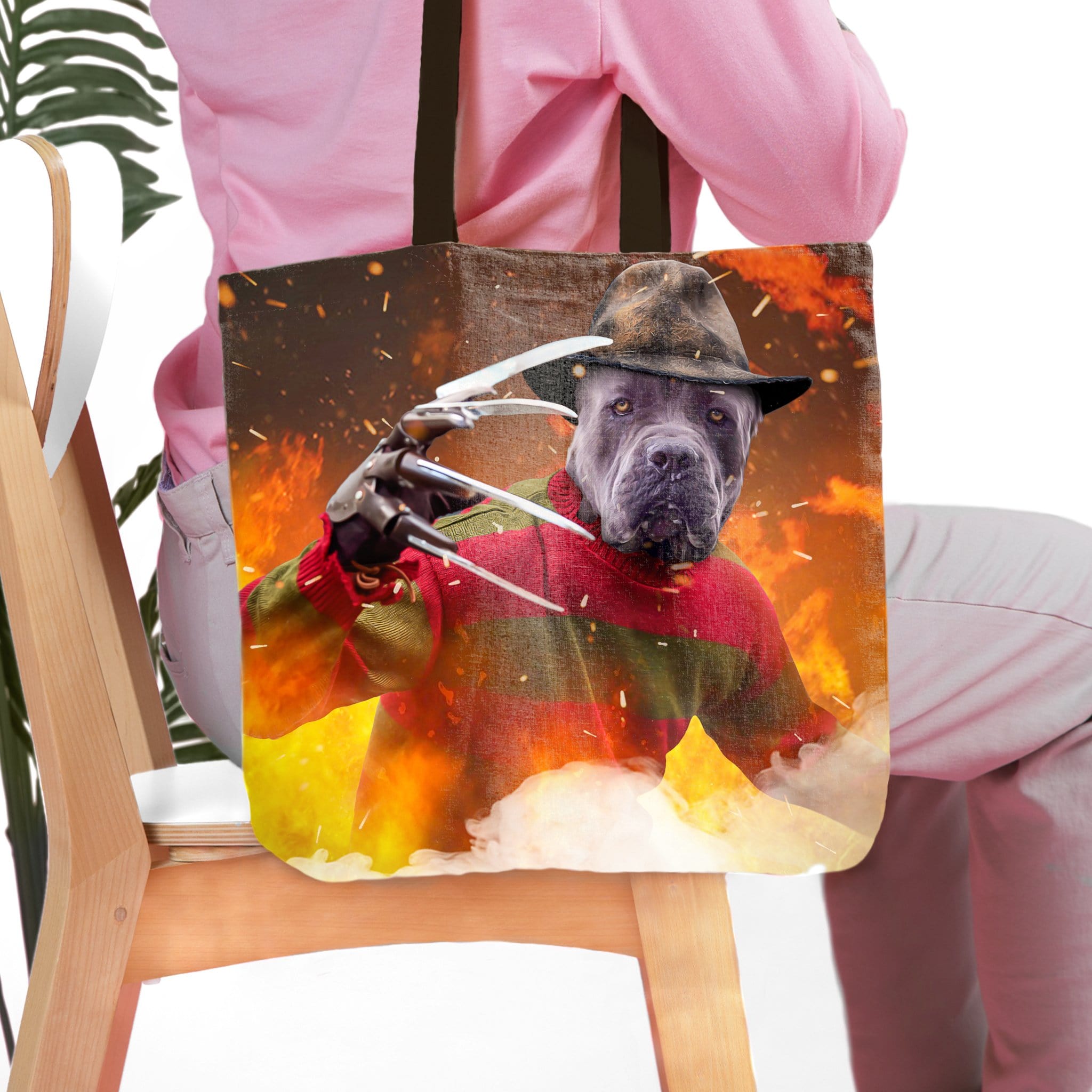 Personalized Freddy Woofer tote bag featuring a Cane Corso dog portrait in a horror movie costume.