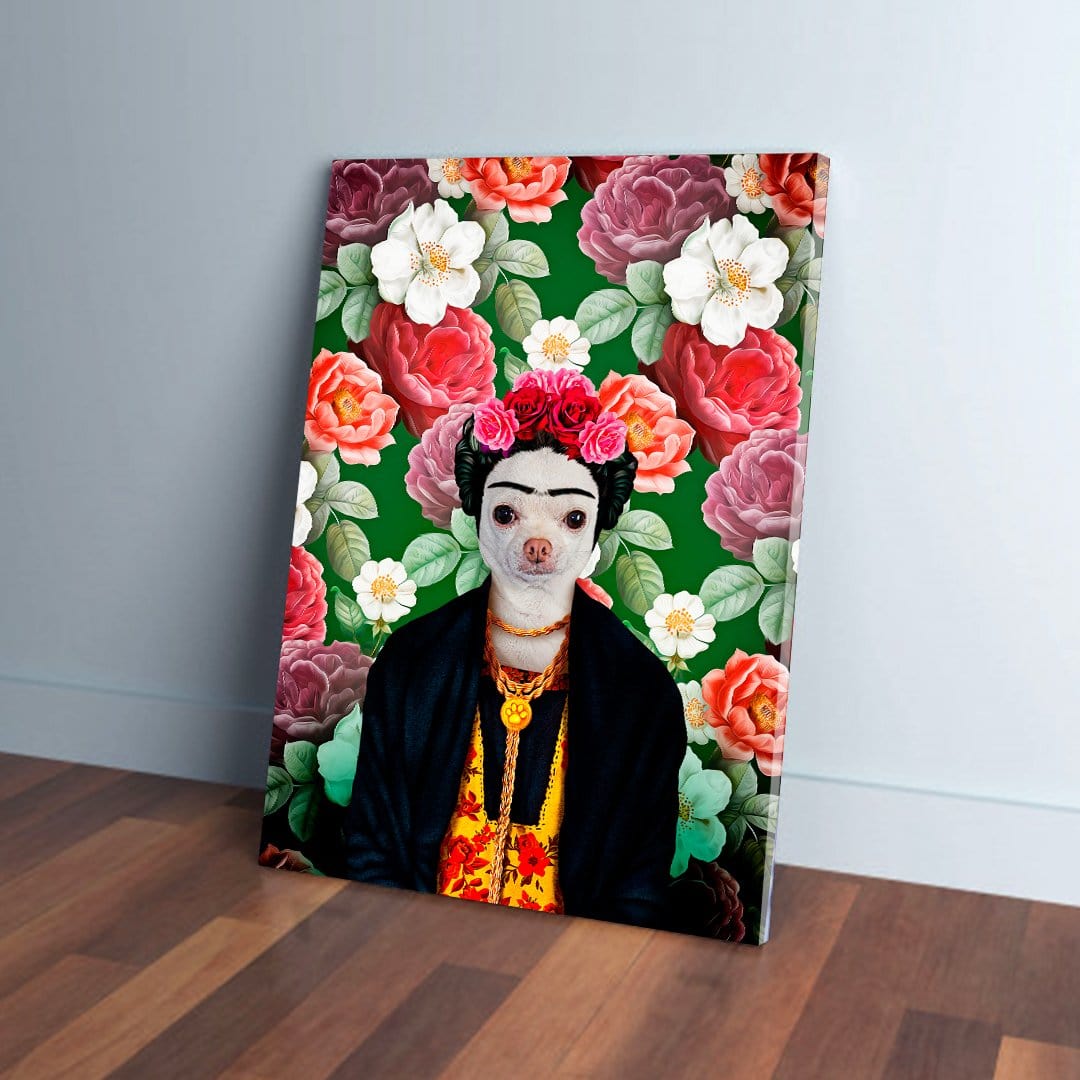 Custom 'Frida Doggo' personalized pet canvas featuring a chihuahua in a floral Frida Kahlo style.