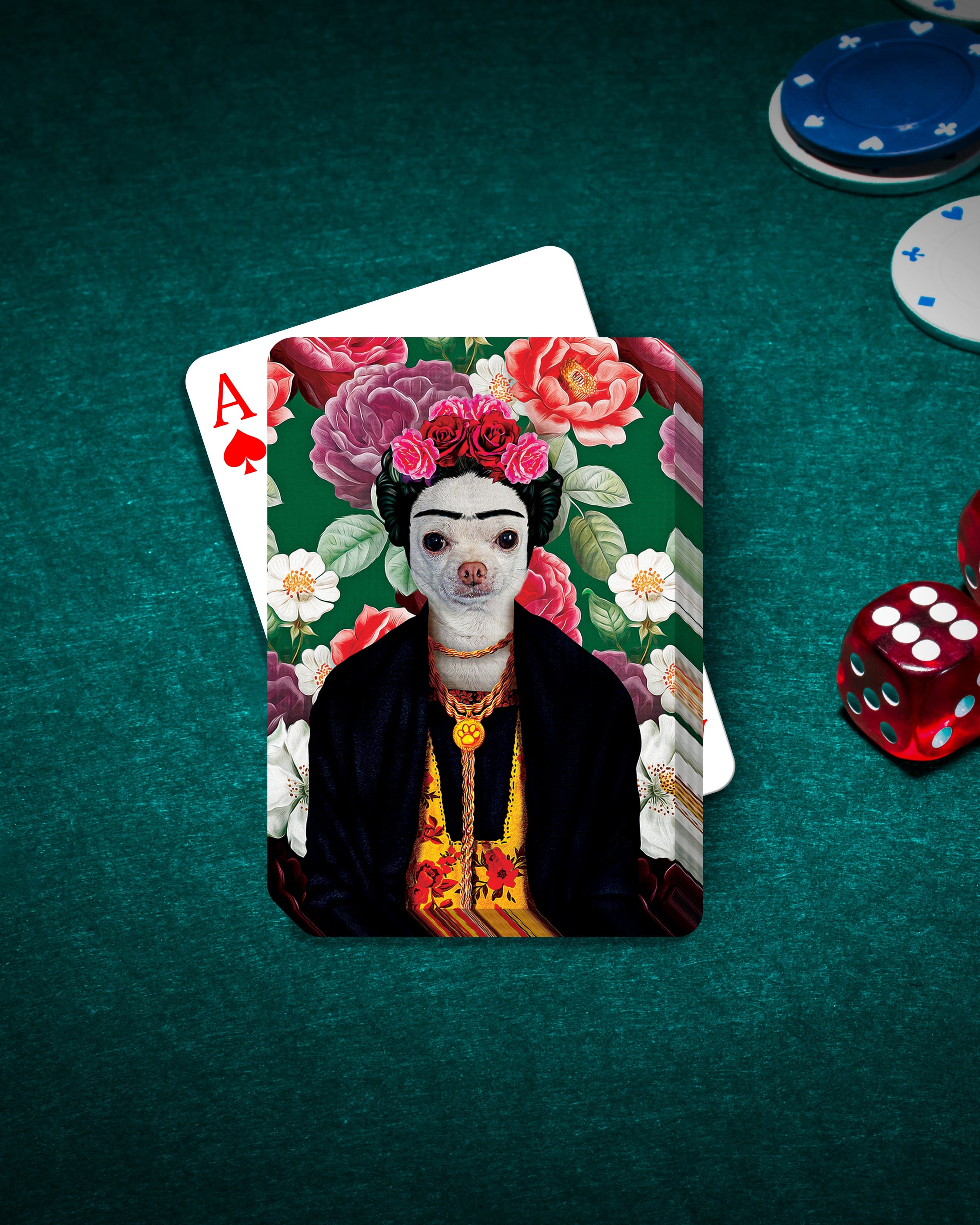 Personalized Frida Doggo playing card featuring a custom pet portrait on a green felt table.