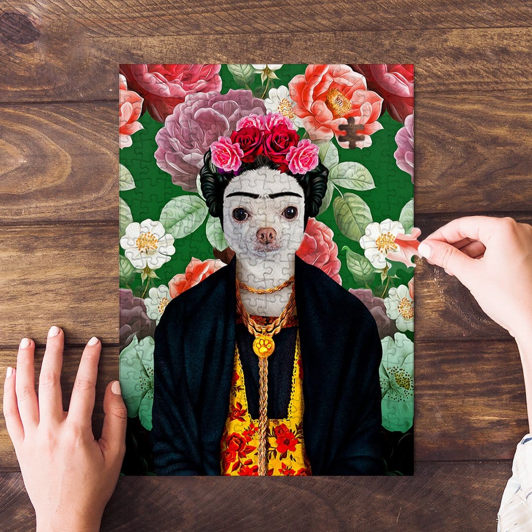 Personalized Frida Doggo pet puzzle featuring a chihuahua in a floral background, with hands assembling it.
