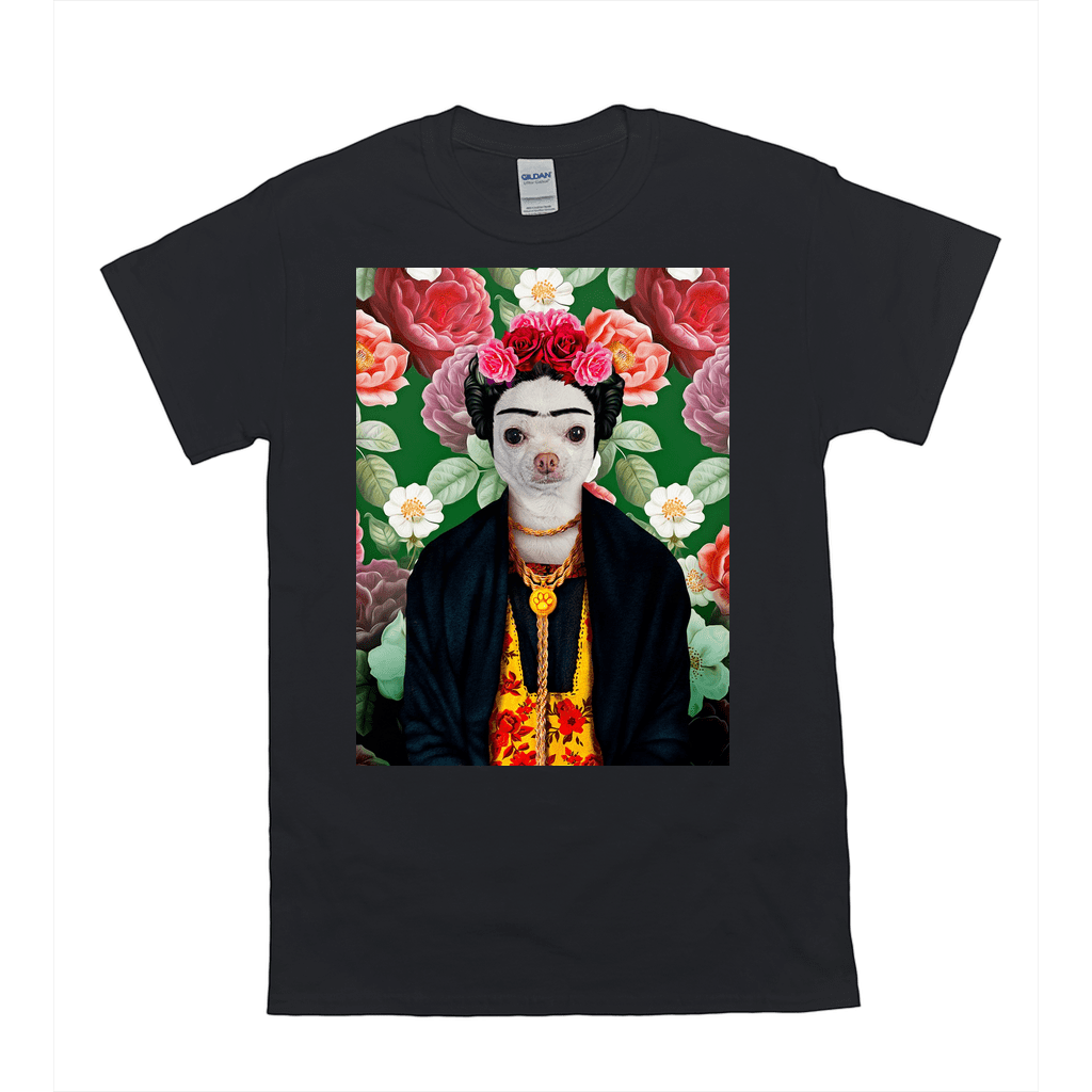 Black Gildan unisex t-shirt with a personalized "Frida Doggo" pet portrait design featuring a dog in a floral background.