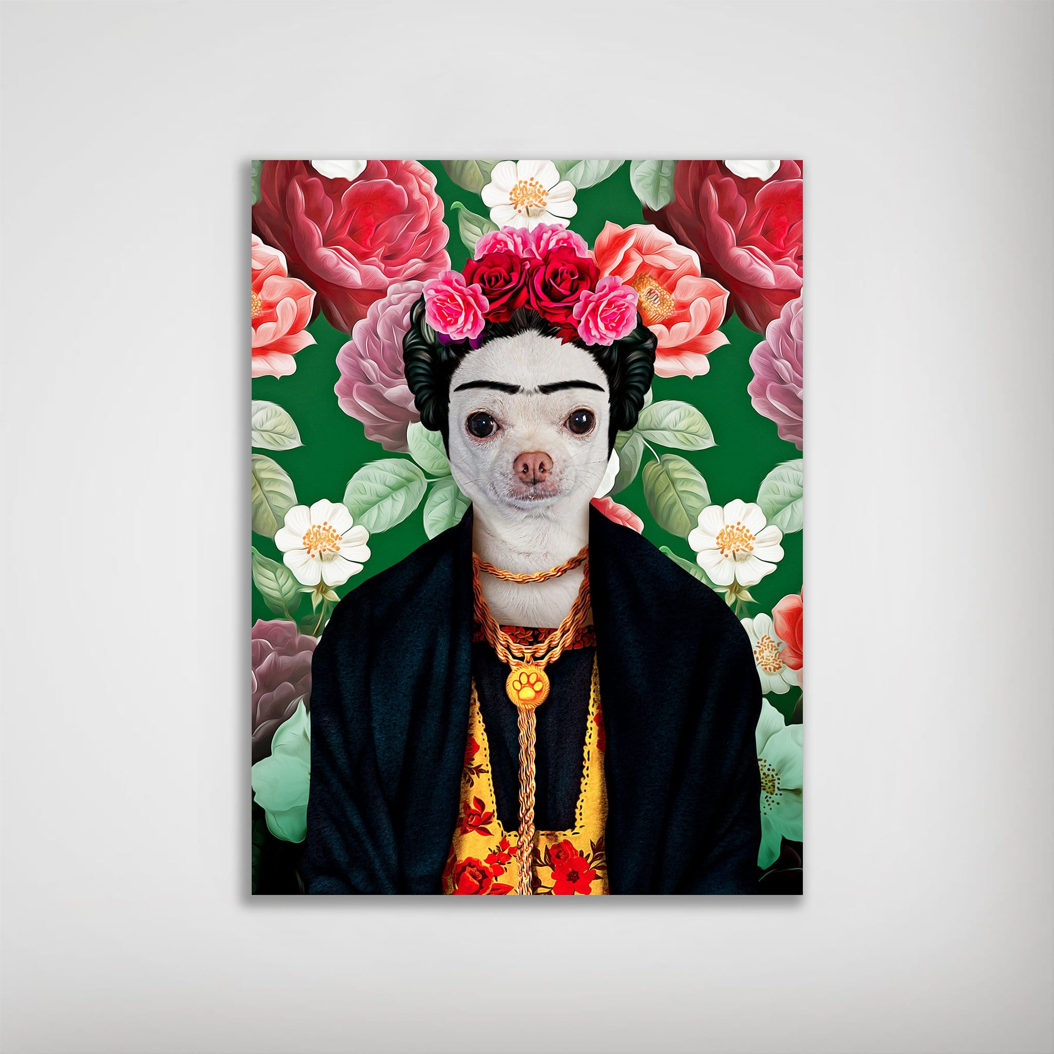 Personalized 'Frida Doggo' poster featuring a chihuahua in Frida Kahlo attire against a floral background.