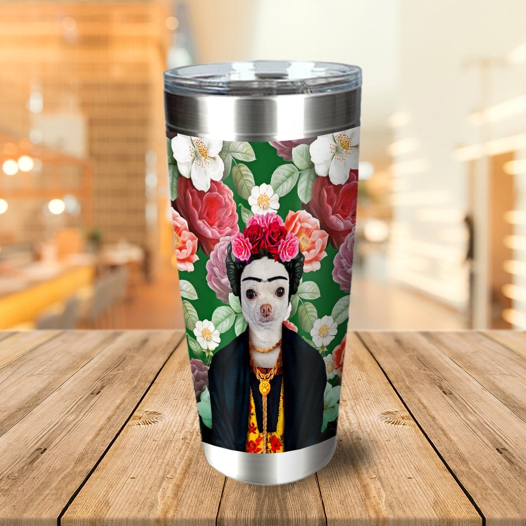 Personalized stainless steel tumbler with a custom Frida Kahlo-style dog portrait and floral background.