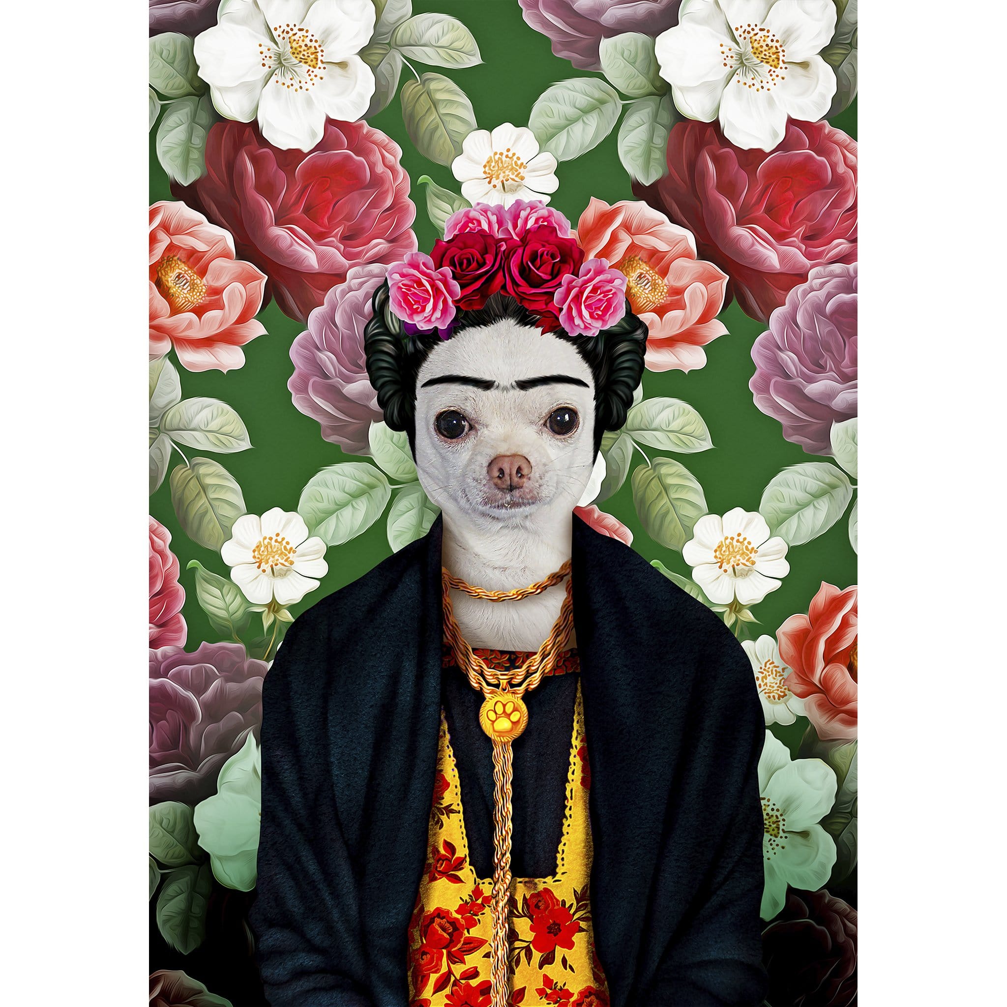 Personalized 'Fridda Doggo' digital portrait featuring a chihuahua in a floral Frida Kahlo style.