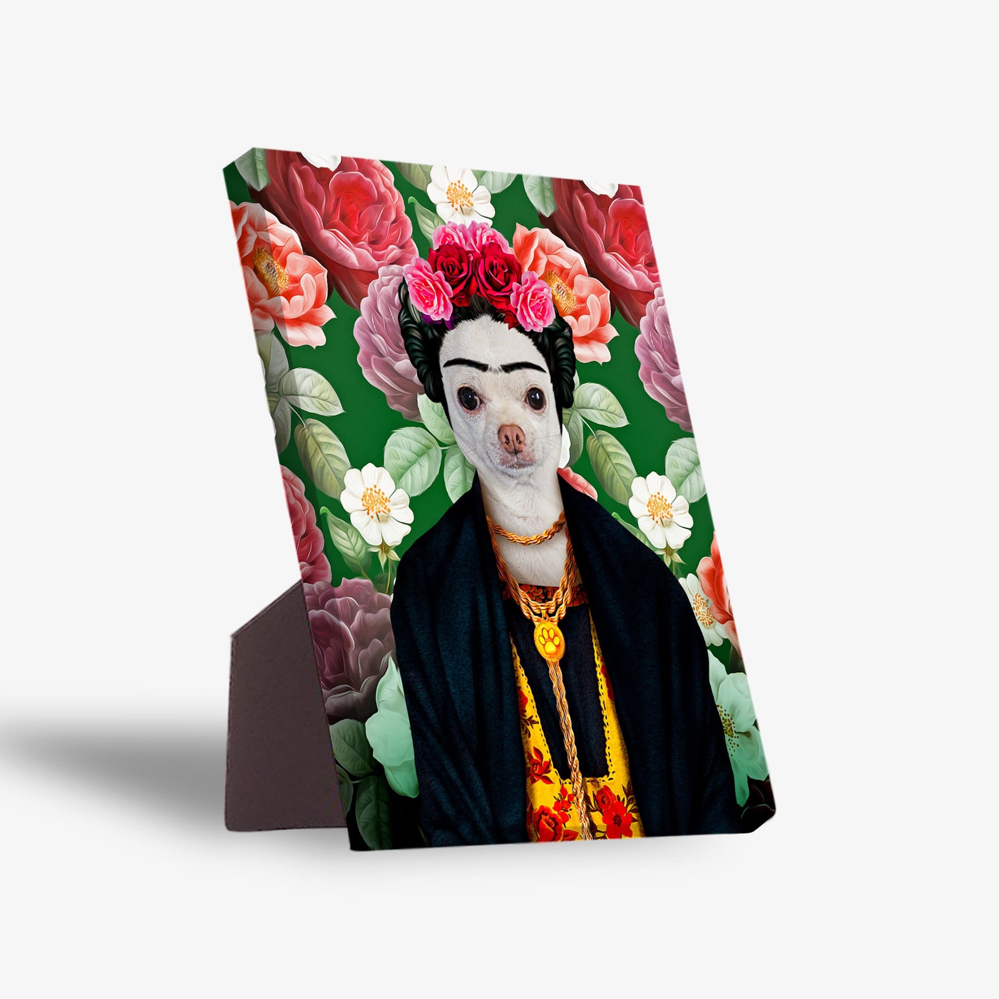 Personalized 'Fridda Doggo' standing canvas featuring a chihuahua in a Frida Kahlo portrait on a floral background.