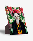 Personalized 'Fridda Doggo' standing canvas featuring a chihuahua in a Frida Kahlo portrait on a floral background.
