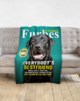 Personalized pet blanket featuring a black Labrador on a turquoise Furbes magazine cover design.