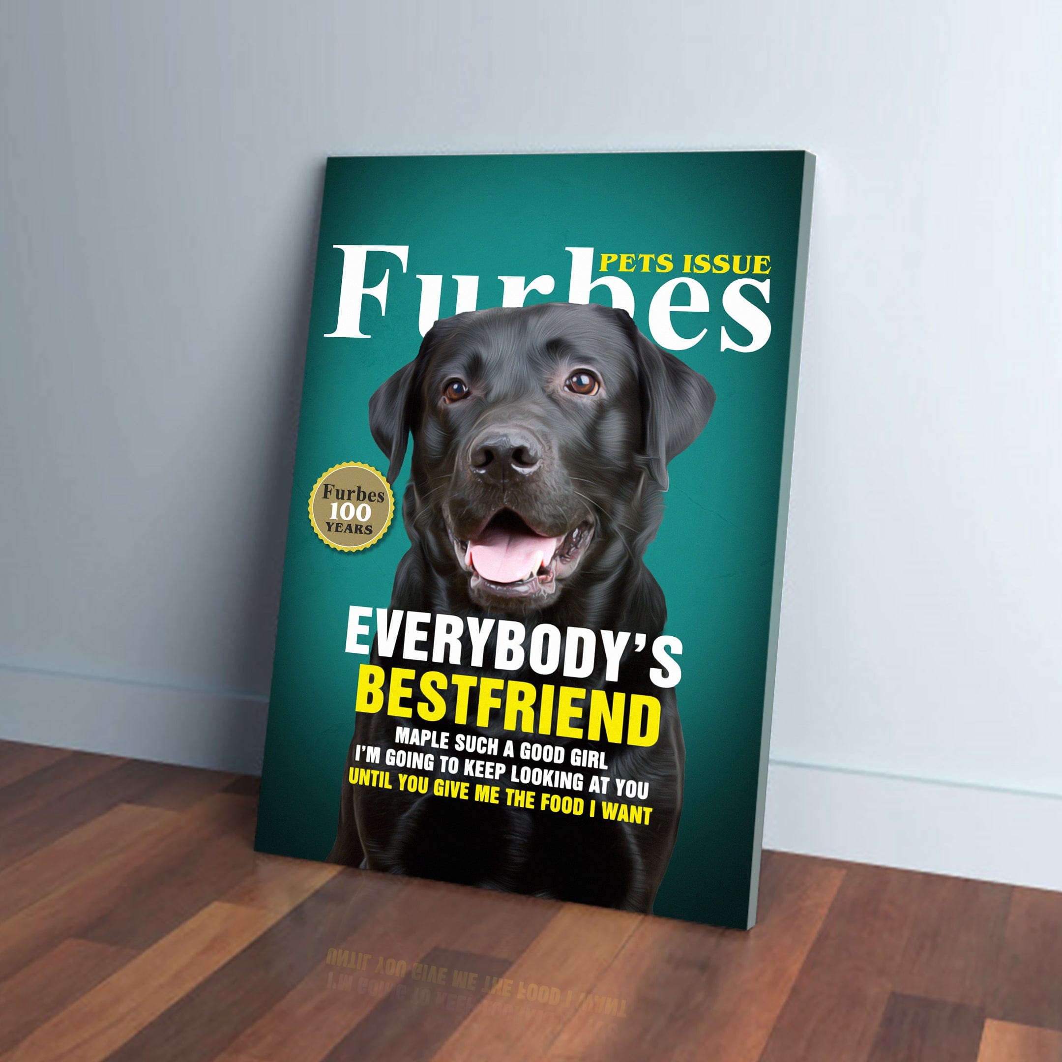 Personalized 'Furbes' pet canvas featuring a black Labrador on a teal magazine cover design.