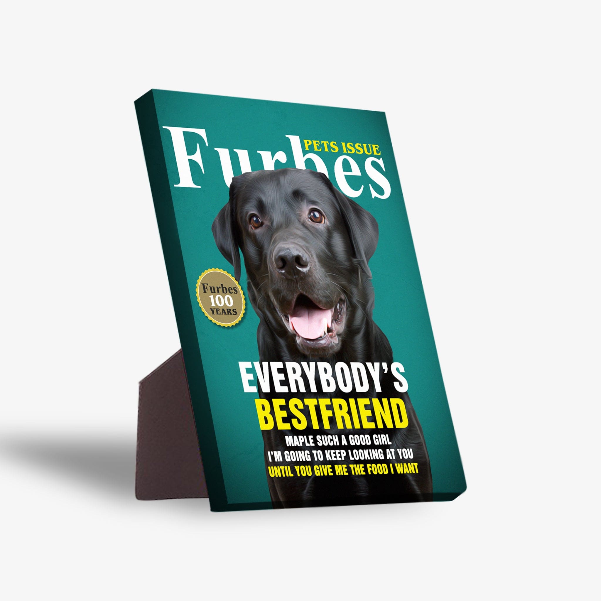 Personalized 'Furbes' pet standing canvas featuring a black dog on a teal magazine cover design.