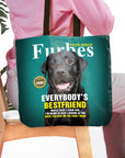 Personalized 'Furbes' tote bag with a custom black Labrador dog portrait in a magazine cover style.