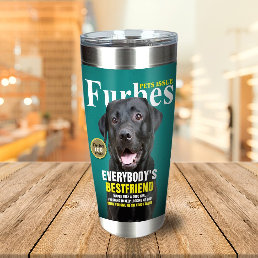 Personalized stainless steel tumbler featuring a black Labrador dog portrait on a green "Furbes" magazine cover design.