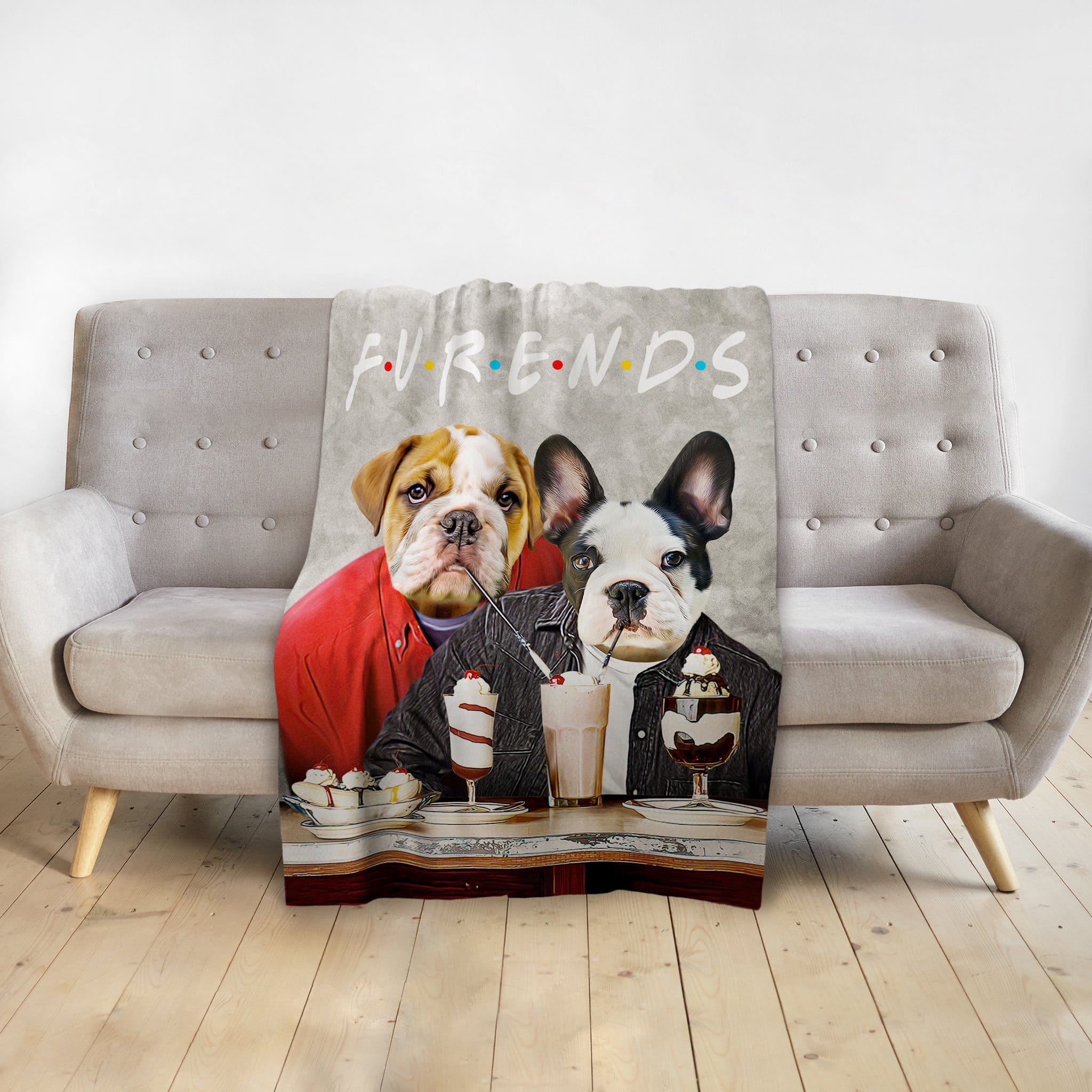 Personalized 'Furends' blanket with two custom pet portraits in a cafe scene.