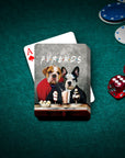 Personalized playing cards featuring two custom pet portraits in a cartoon style, on a green felt table with poker chips and dice.