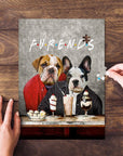 Personalized 2 pet puzzle with bulldog and French bulldog in "Furends" style, being assembled on a wood table.