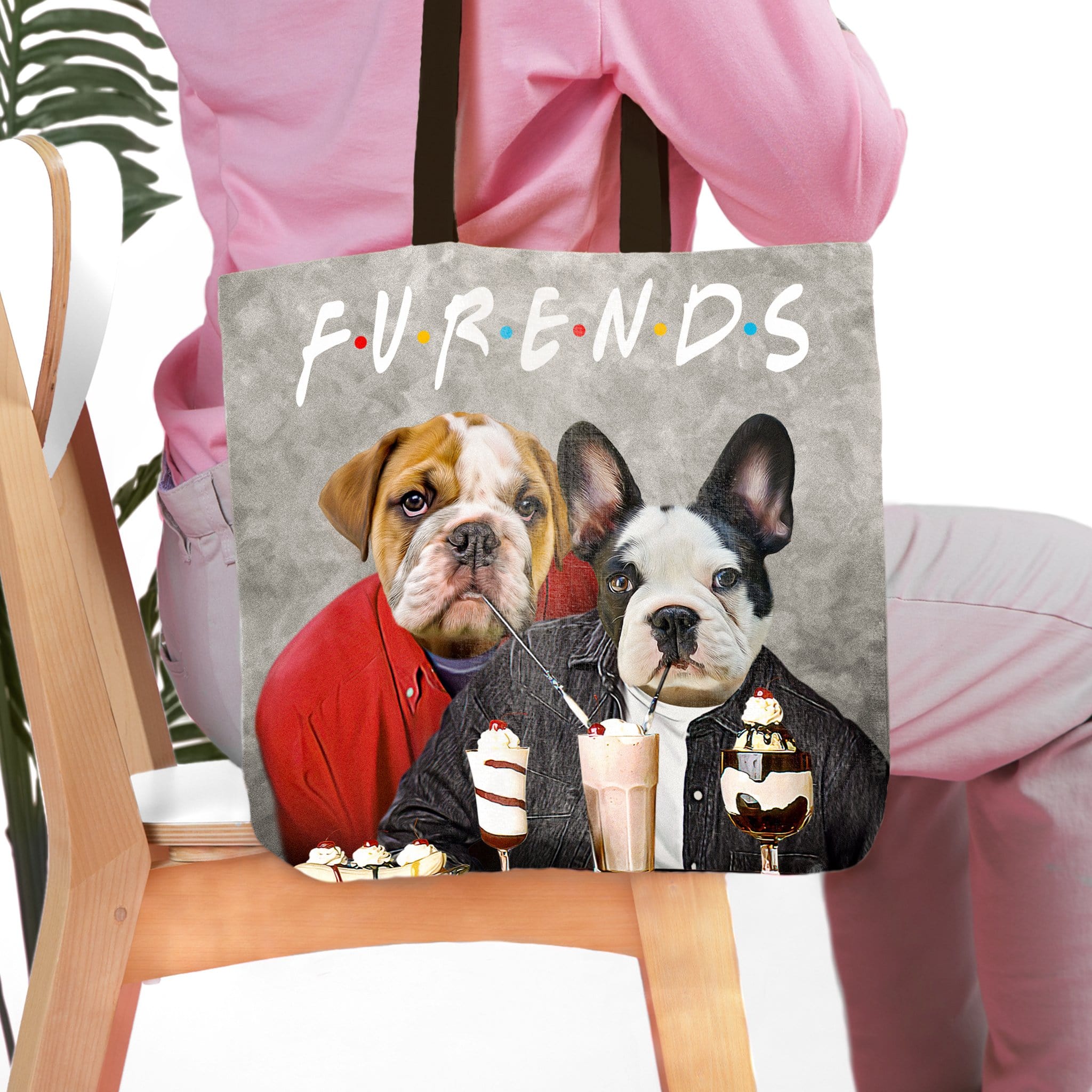 Personalized Furends tote bag with custom portraits of a bulldog and a French bulldog in human clothes.