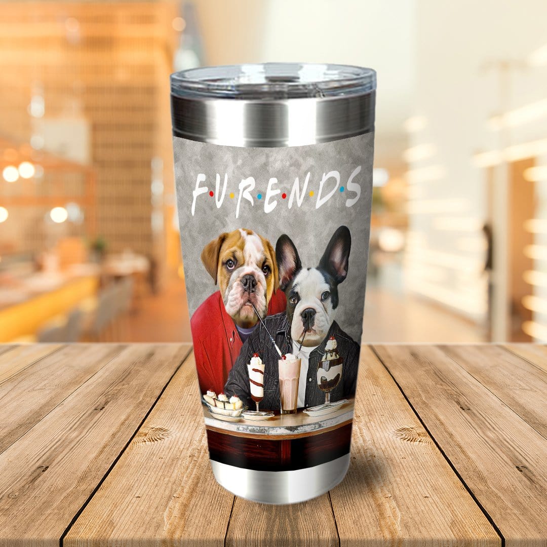 Personalized stainless steel tumbler with custom pet portraits of two dogs in a "Furends" style.
