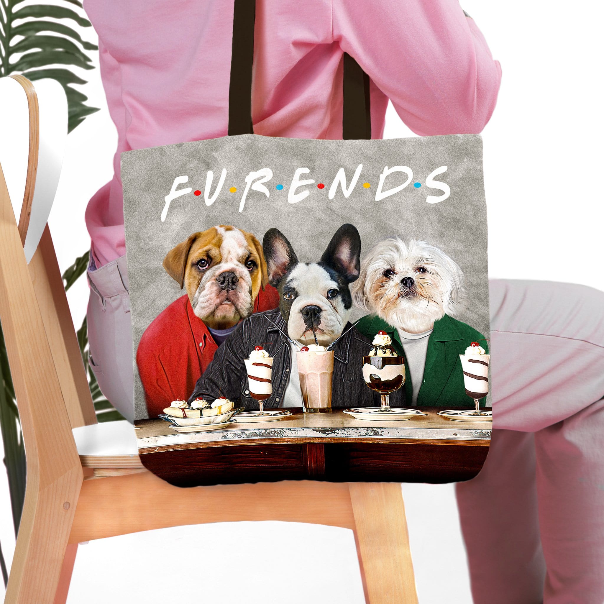 Personalized Furends tote bag with custom portraits of three dogs in human clothes.