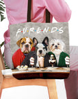Personalized Furends tote bag with custom portraits of three dogs in human clothes.