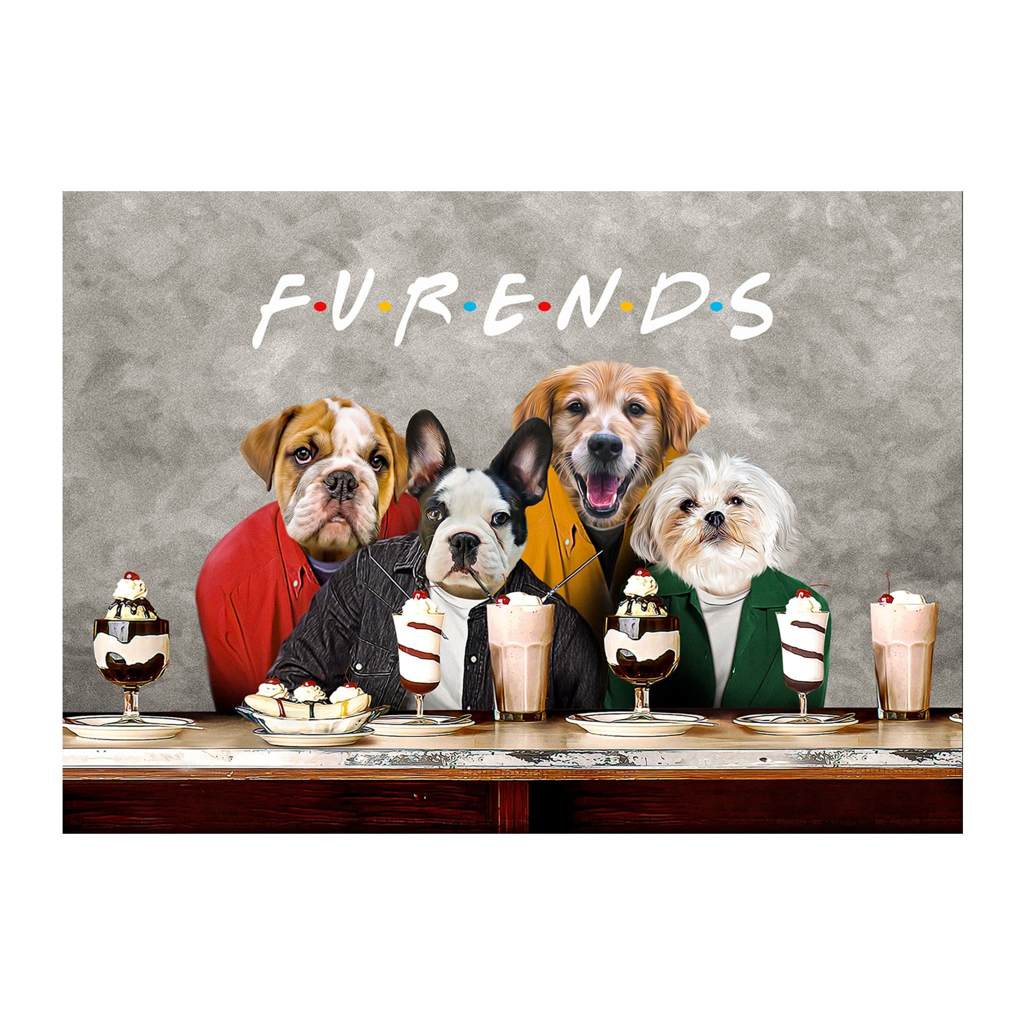 Custom digital portrait of four pets as 'Furends' characters, sitting at a diner table with milkshakes.