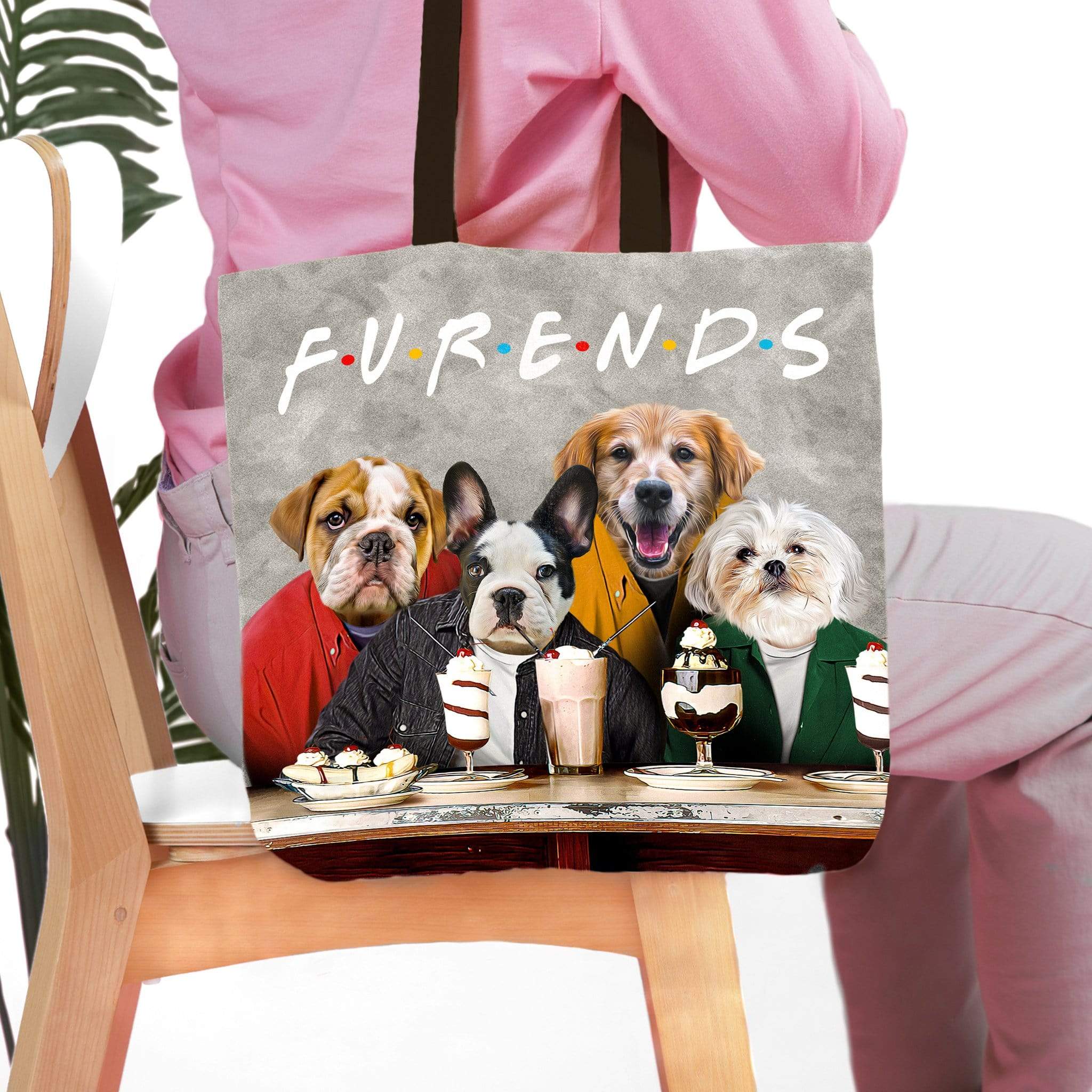 Personalized 'Furends' tote bag with four custom pet portraits of dogs in cartoon style.