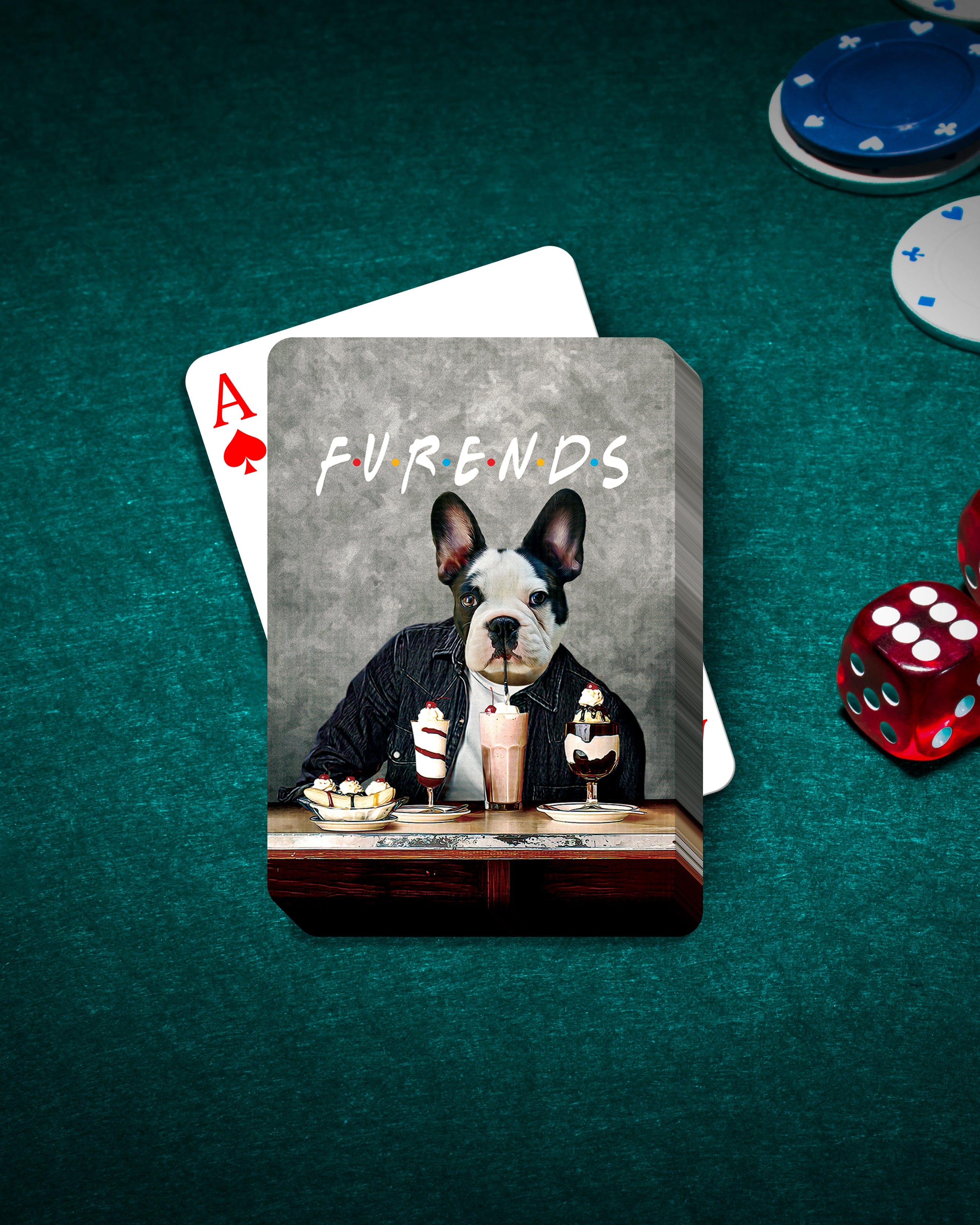 Personalized pet playing cards featuring a custom portrait of a French Bulldog in a diner scene.